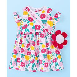 Babyhug Cotton Jersey Knit Cold Shoulder Sleeves Floral Printed Frock with Sling Bag - White