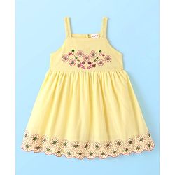 Babyhug Cambric Woven Sleeveless Frock Floral Embroidery - Yellow