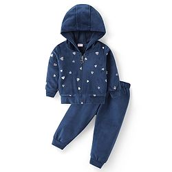 Babyhug Woven Full Sleeves Hooded Winter Wear Suit With Hearts Print - Navy