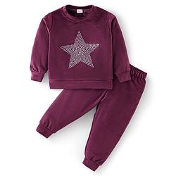 Babyhug Velour Woven Full Sleeves  Winter Wear Suit with Sequin Star Detailing - Wine