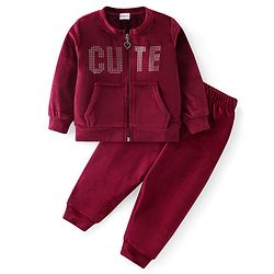Babyhug Velour Woven Full Sleeves Winter Wear Suit With Text Print - Maroon