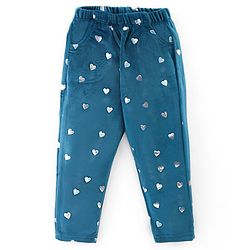 Babyhug Velour Knit Full Length Fleece & Woollen Pant with Hearts Print - Teal Blue