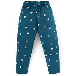 Babyhug Velour Knit Full Length Fleece & Woollen Pant with Hearts Print - Teal Blue