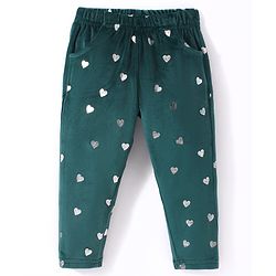 Babyhug Velour Knit Full Length Fleece & Woollen Pant with Hearts Print - Teal Blue