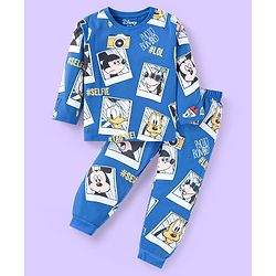 Babyhug Disney Single Jersey Knit Full Sleeves Night Suit With Mickey Mouse Print - Blue