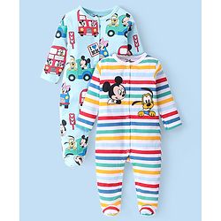 Babyhug Disney Single Jersey Knit Full Sleeves Striped Sleep Suits With Mickey & Friends Graphics Pack Of 2 - Multicolor