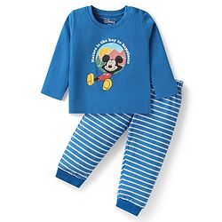 Babyhug Disney Cotton Knit Half Sleeves Night Suit with Mickey Mouse Graphics - Blue