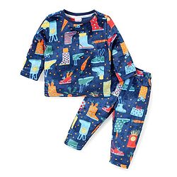 Babyhug Fur Woven Full Sleeves Printed Winter Wear Suit - Navy