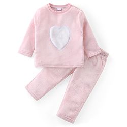 Babyhug Fur Woven Full Sleeves Winter Wear Suit With Heart Design - Pink