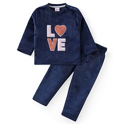 Babyhug Fur Woven Full Sleeves Winter Wear Suit With Text Print - Navy