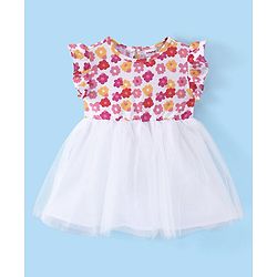 Babyhug Cotton Knit Frill Sleeves Frock with Floral Print - Pink & White