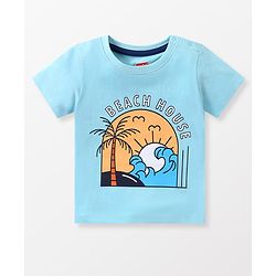 Babyhug Cotton Knit Half Sleeves T-Shirt & Shorts Set With Striped Sleeveless Tee & Beach Theme Print - Blue
