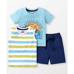 Babyhug Cotton Knit Half Sleeves T-Shirt & Shorts Set With Striped Sleeveless Tee & Beach Theme Print - Blue