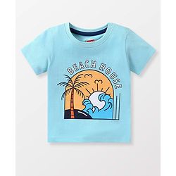 Babyhug Cotton Knit Half Sleeves T-Shirt & Shorts Set With Striped Sleeveless Tee & Beach Theme Print - Blue