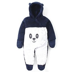 Babyhug Sweater Knit Full Sleeves Hooded Winter Romper with Panda Applique - Navy Blue