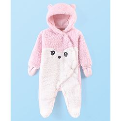 Babyhug Fur Woven Full Sleeves Winter Wear Footed Romper - Pink
