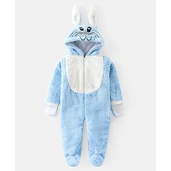 Babyhug Woven Winter Wear Full Sleeves Footed & Hooded Romper with Bunny Design - Blue