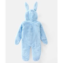 Babyhug Woven Winter Wear Full Sleeves Footed & Hooded Romper with Bunny Design - Blue