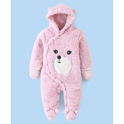 Babyhug Fur Woven Full Sleeves Winter Wear Footed Hooded  Romper with Bear Embroidery - Pink