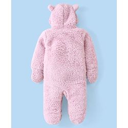 Babyhug Fur Woven Full Sleeves Winter Wear Footed Hooded  Romper with Bear Embroidery - Pink