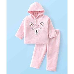 Babyhug Fur Woven Full Sleeves Hooded Winter Wear Suit With 3D Applique - Pink
