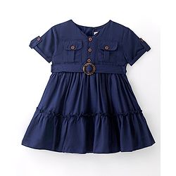 Babyhug Rayon Knit Half Sleeves Frock With Front Pockets - Navy