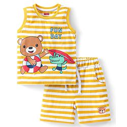Babyhug Single Jersey Knit Sleeveless Striped T-Shirt & Shorts Set with Teddy Print - Yellow