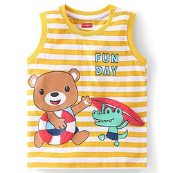 Babyhug Single Jersey Knit Sleeveless Striped T-Shirt & Shorts Set with Teddy Print - Yellow