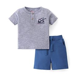 Babyhug Cotton Knit Half Sleeves Henley T-Shirt & Shorts Set With Excavator Embroidery - Blue