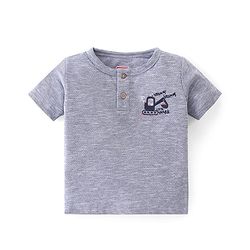 Babyhug Cotton Knit Half Sleeves Henley T-Shirt & Shorts Set With Excavator Embroidery - Blue