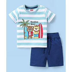 Babyhug Single Jersey Knit Half Sleeves with Striped & Animal Print - Blue