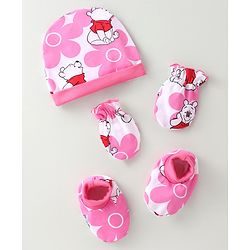 Babyhug Disney Cap Mitten & Booties With Winnie the Pooh Graphics - White