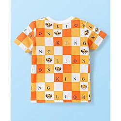 Babyhug Disney Cotton Knit Half Sleeves Checked T-Shirt with Lion King Graphics - White & Yellow