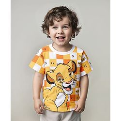 Babyhug Disney Cotton Knit Half Sleeves Checked T-Shirt with Lion King Graphics - White & Yellow