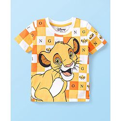 Babyhug Disney Cotton Knit Half Sleeves Checked T-Shirt with Lion King Graphics - White & Yellow