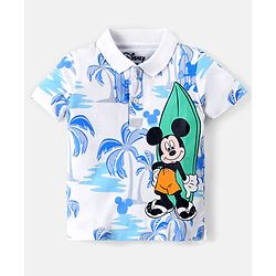 Babyhug Disney Cotton Knit Half Sleeves Polo T-Shirt with Mickey Mouse Graphics - White