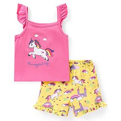Babyhug Cotton Knit Frill Sleeves Unicorn Printed Night Suit - Pink & Yellow