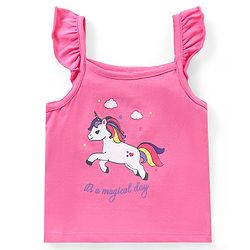 Babyhug Cotton Knit Frill Sleeves Unicorn Printed Night Suit - Pink & Yellow