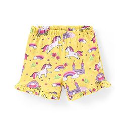 Babyhug Cotton Knit Frill Sleeves Unicorn Printed Night Suit - Pink & Yellow
