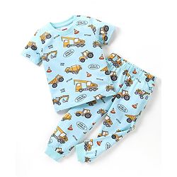 Babyhug Cotton Knit Half Sleeves Vehicles Printed Night Suit - Blue