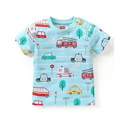 Babyhug Cotton Knit Half Sleeves Vehicles Printed Night Suit - Blue
