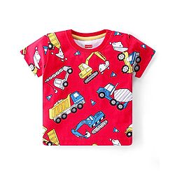 Babyhug Single Jersey Knit Half Sleeves T-Shirt & Shorts Set Construction Vehicle Print - Red