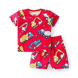 Babyhug Single Jersey Knit Half Sleeves T-Shirt & Shorts Set Construction Vehicle Print - Red