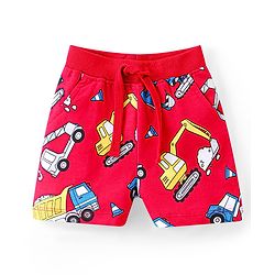Babyhug Single Jersey Knit Half Sleeves T-Shirt & Shorts Set Construction Vehicle Print - Red