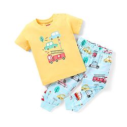 Babyhug Cotton Knit Half Sleeves Vehicles Printed Night Suit - Blue & Yellow