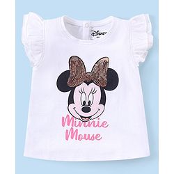 Babyhug Disney Cotton Knit Frill Sleeves Top with Minnie Mouse Graphics & Sequin Detailing - White