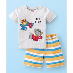 Babyhug Cotton Single Jersey Knit Half Sleeves Night Suit Animal Print - Grey