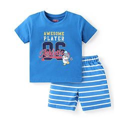 Babyhug Cotton Knit Half Sleeves Night Suit With Text Print - Blue
