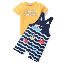 Babyhug Single Jersey Knit Dungaree with Half Sleeves T-Shirt Text & Boat Print - Yellow & Blue