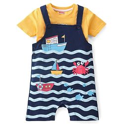Babyhug Single Jersey Knit Dungaree with Half Sleeves T-Shirt Text & Boat Print - Yellow & Blue